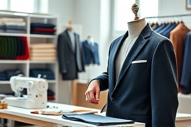 Tailor expertly repairing a designer jacket with focus.