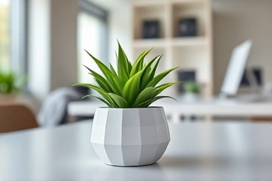 Green plant on office desk, symbolizing productivity and well-being.