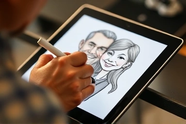 Artist creating a detailed couple caricature with emotional depth
