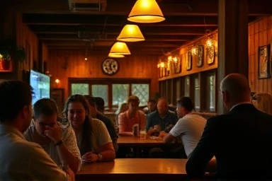 Cozy craft beer pub interior with patrons enjoying drinks.