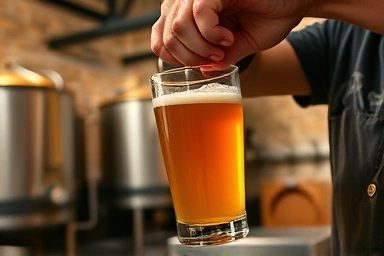 Artisan pouring golden craft beer in a rustic brewery setting.