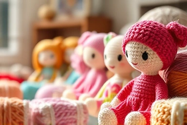 Handmade crochet dolls and yarn, cozy crafting atmosphere