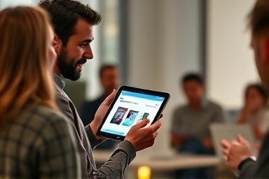 Person presenting innovative product idea on tablet.