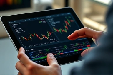 Hands using tablet with financial charts and AI trading bot.