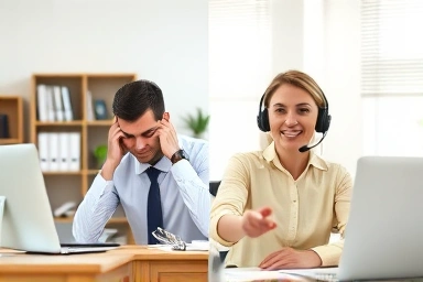 Contrast between stressful office work and relaxed remote work.