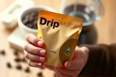 Hands holding a custom-designed drip coffee bag, anticipation of brewing.