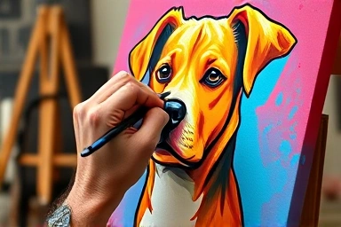 Artist painting a colorful pop art pet portrait.
