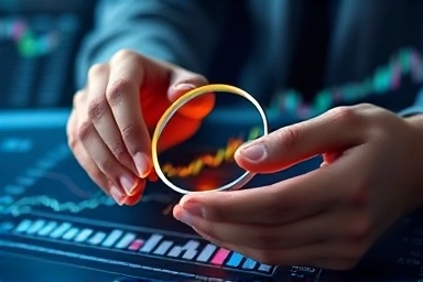 Financial chart analysis with magnifying glass, uncovering investment opportunities.