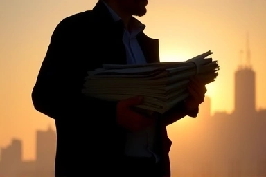 Early morning newspaper delivery person, dawn light, city skyline.