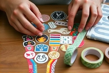 Hands arranging creative stickers and washi tape for stationery.