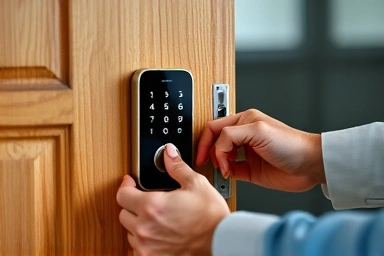 Professional installation of a modern digital door lock on a wooden door.