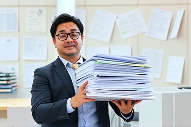 Relieved professional with simplified documents, symbolizing efficient service.