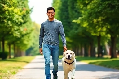 Person happily walking a dog in a park, earning money.