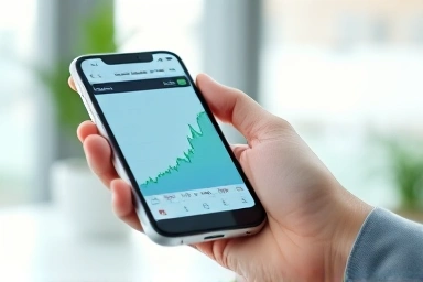 Smartphone displaying stock app with upward graph