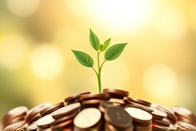 Plant growing from coins, symbolizing investment growth