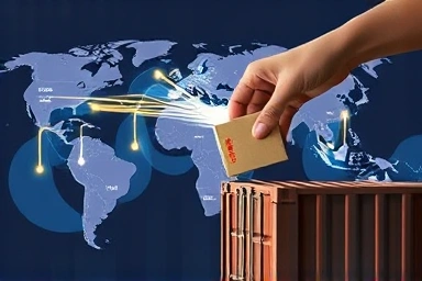 Global trade map with shipping and connections