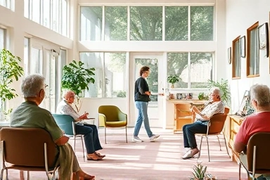 Bright and cheerful elderly daycare center interior with active seniors.