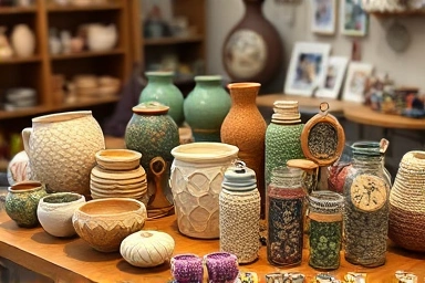 Handmade crafts displayed on a wooden table, showcasing variety and quality.