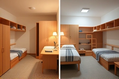 Comparison of 2-person and 4-person dormitory room layouts.