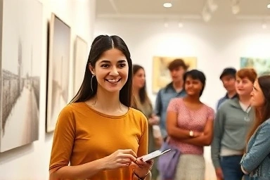 Art gallery docent engaging visitors with a painting.