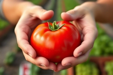 Hands inspecting a ripe tomato, representing quality and direct connection.