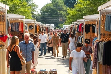 Bustling outdoor flea market with diverse items and happy shoppers.