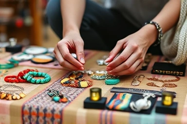 Hands arranging handmade crafts and trinkets at a flea market stall.