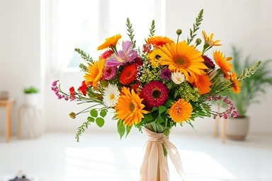 Vibrant flower bouquet in a bright, minimalist studio.