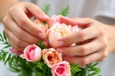 Hands meticulously arranging delicate flower petals.