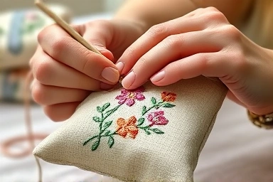 Hands embroidering floral pattern on fabric pouch.