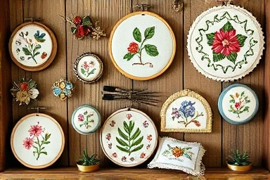 Assortment of charming handmade French embroidery crafts.