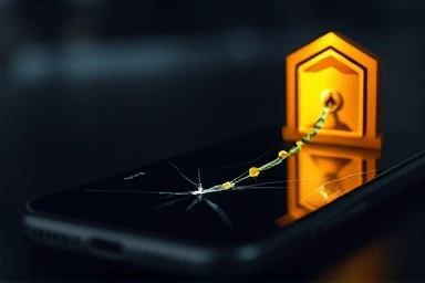 Broken smartphone screen with data flowing to secure vault