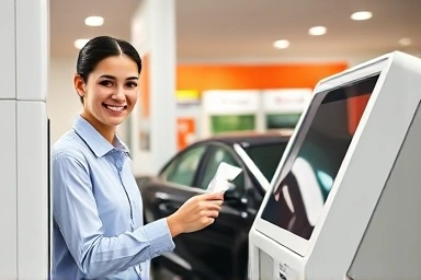 Friendly gas station attendant assisting customer at self-service kiosk