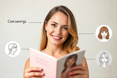 Woman smiling with salon brochure, symbolizing hair model job benefits.