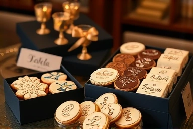 Artisanal cookies in elegant gift boxes, personalized and luxurious.