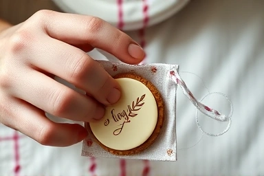 Handmade cookie with custom design being placed in a gift bag.