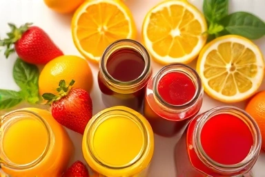 Colorful homemade syrups with fresh fruits, symbolizing side hustle.