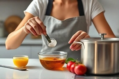 Hands meticulously preparing handmade syrup ingredients in a kitchen.