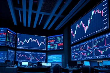 Sophisticated financial trading floor with complex data screens.