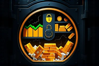 Symbolic vault of assets secured by abstract algorithmic patterns.