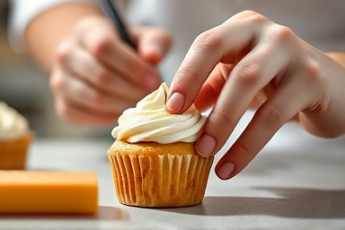 Baker's hands decorating a custom pastry with precision.