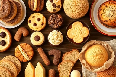 Artfully arranged homemade baked goods on a wooden table.