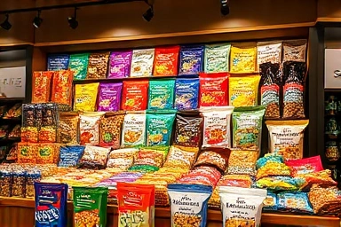 Vibrant display of unique imported snacks in a boutique store.