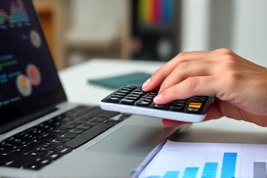 Hand calculating costs for online business development.