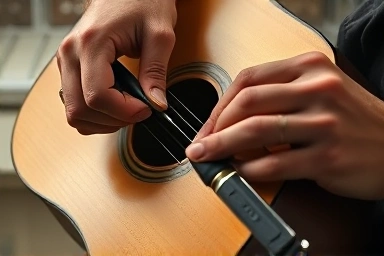 Skilled hands repairing a vintage acoustic guitar with care.