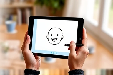 Hands creating an emoticon character on a tablet