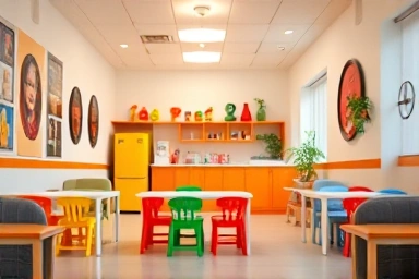 Modern unmanned kids cafe interior, bright and inviting atmosphere.