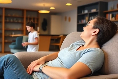 Parent relaxing in kids cafe lounge while child plays nearby.