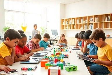 Children learning coding in a vibrant, engaging classroom.
