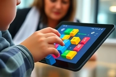 Child's hands coding on a tablet, with a teacher nearby.